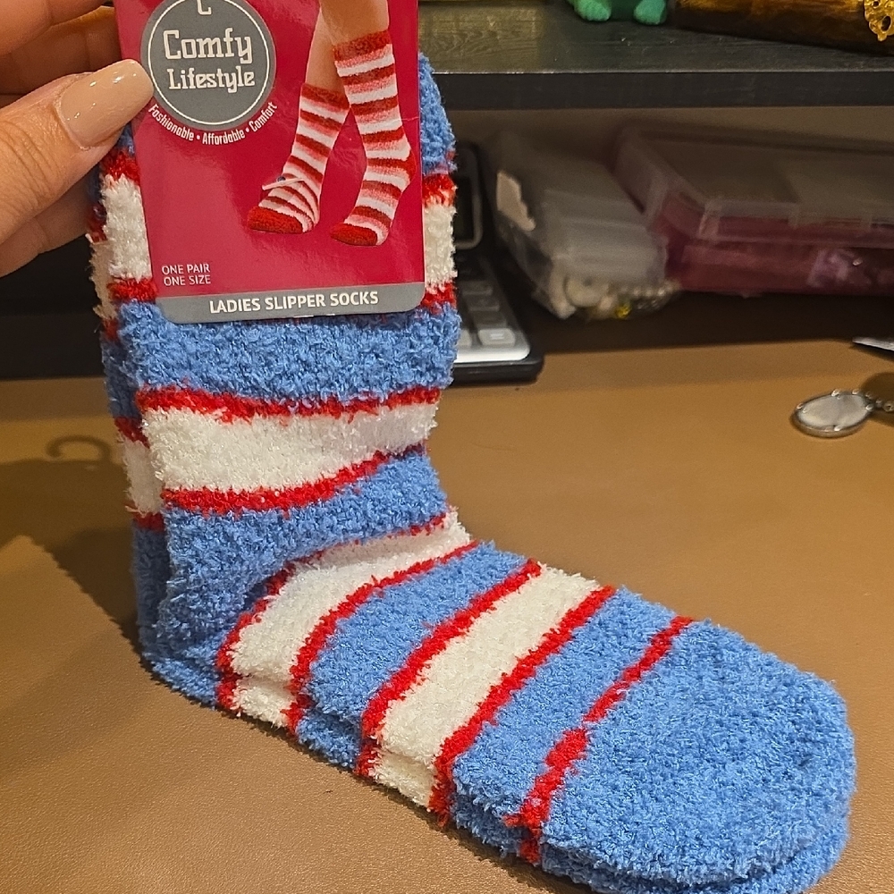Women's Plush Slipper Socks - Blue/White/Red